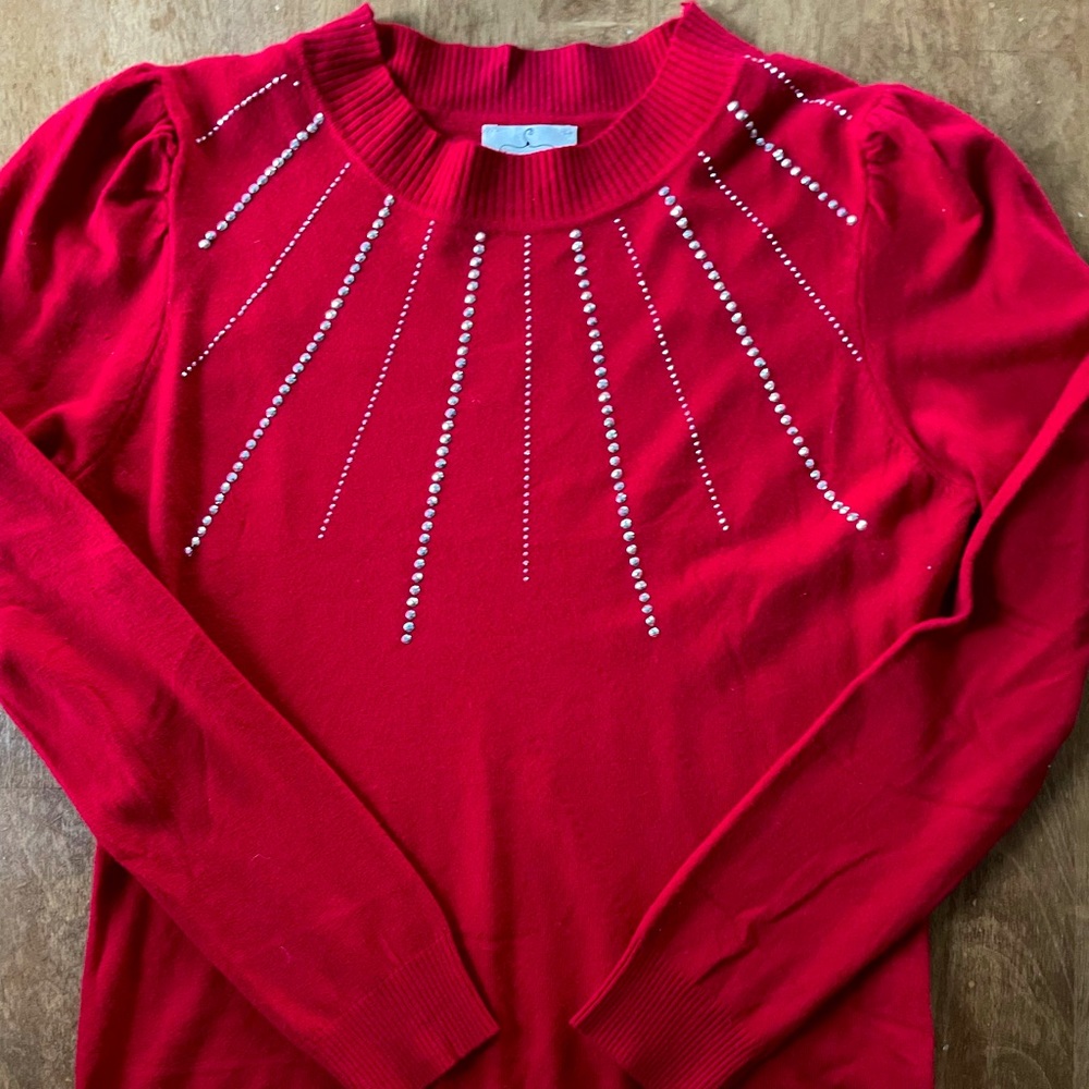 Red light weight sweater with sliver accents NWOT